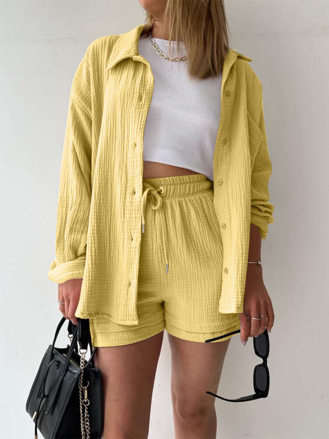Beach Club Button Up Shirt and Drawstring Shorts Set