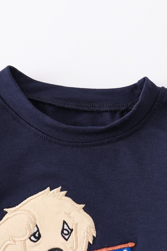 Navy patriotic dog applique boy top
