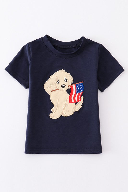 Navy patriotic dog applique boy top