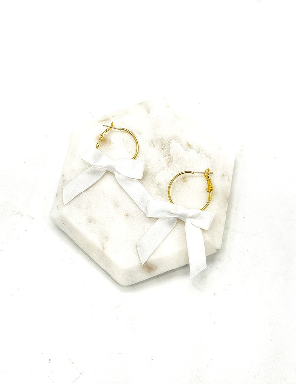 White Ribbon Bow Hoop Earrings Holiday