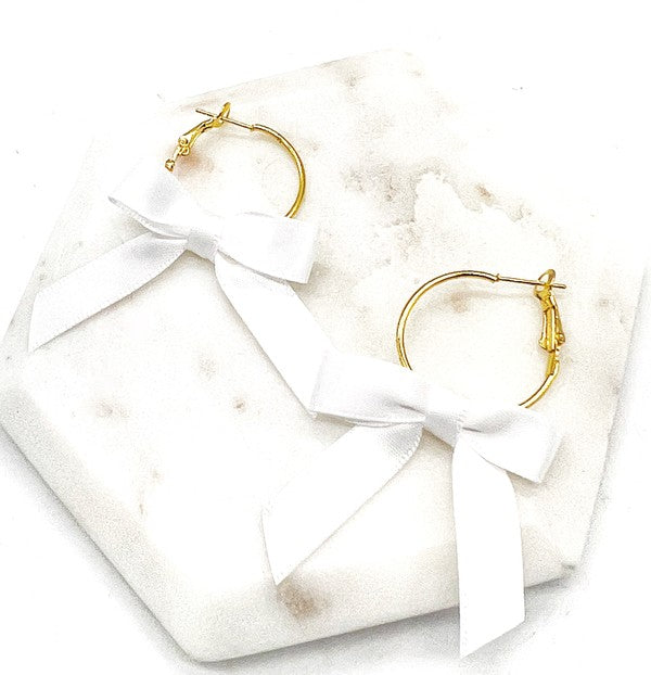 White Ribbon Bow Hoop Earrings Holiday