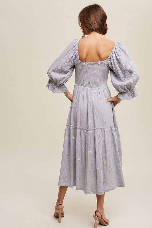 Ditzy Floral Embroidery Puff Sleeve Maxi Dress