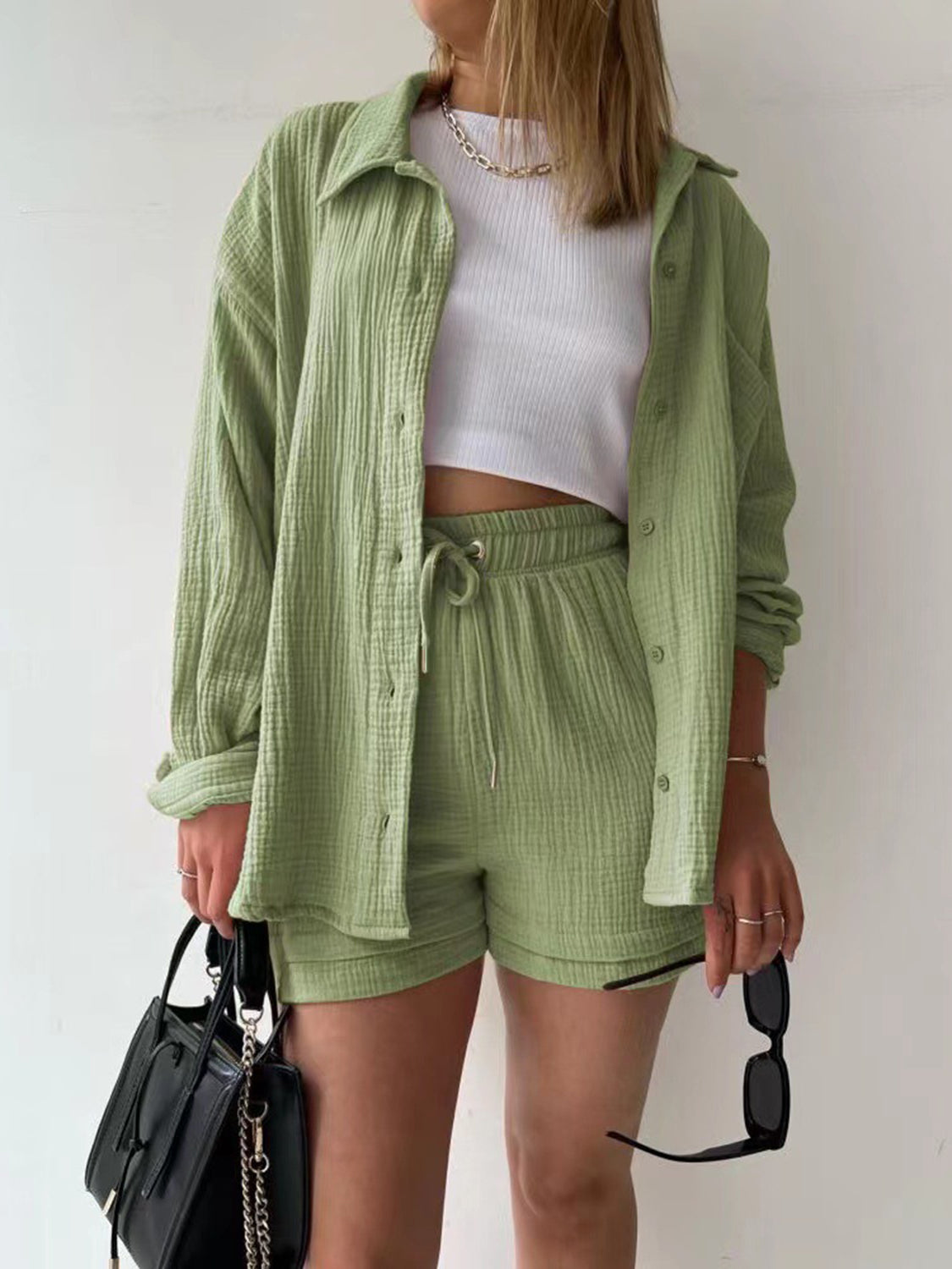 Beach Club Button Up Shirt and Drawstring Shorts Set