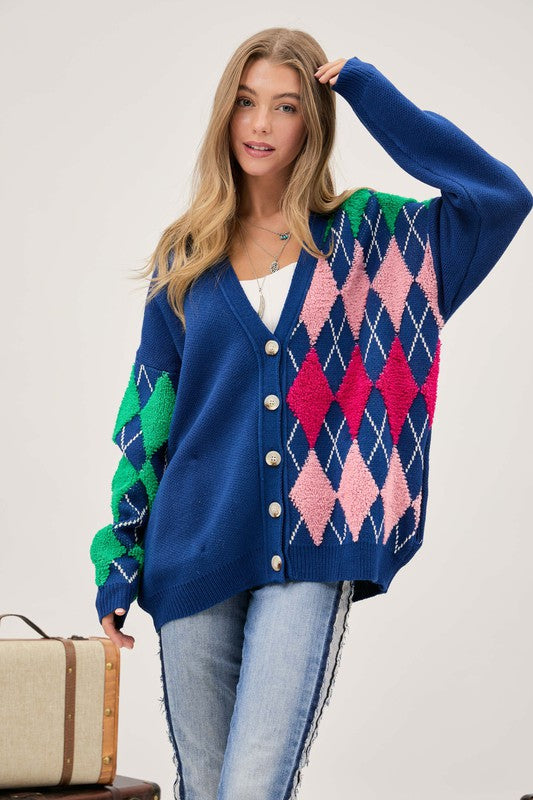 Plush Argyle Button Knit Cardigan