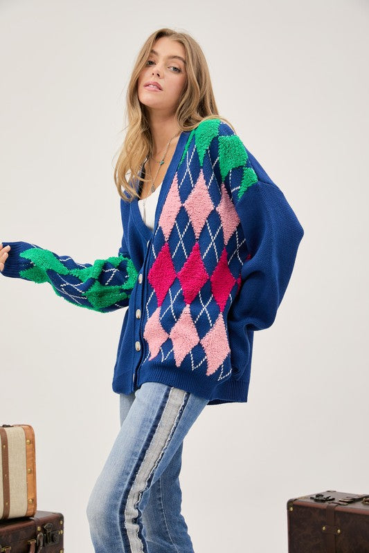 Plush Argyle Button Knit Cardigan