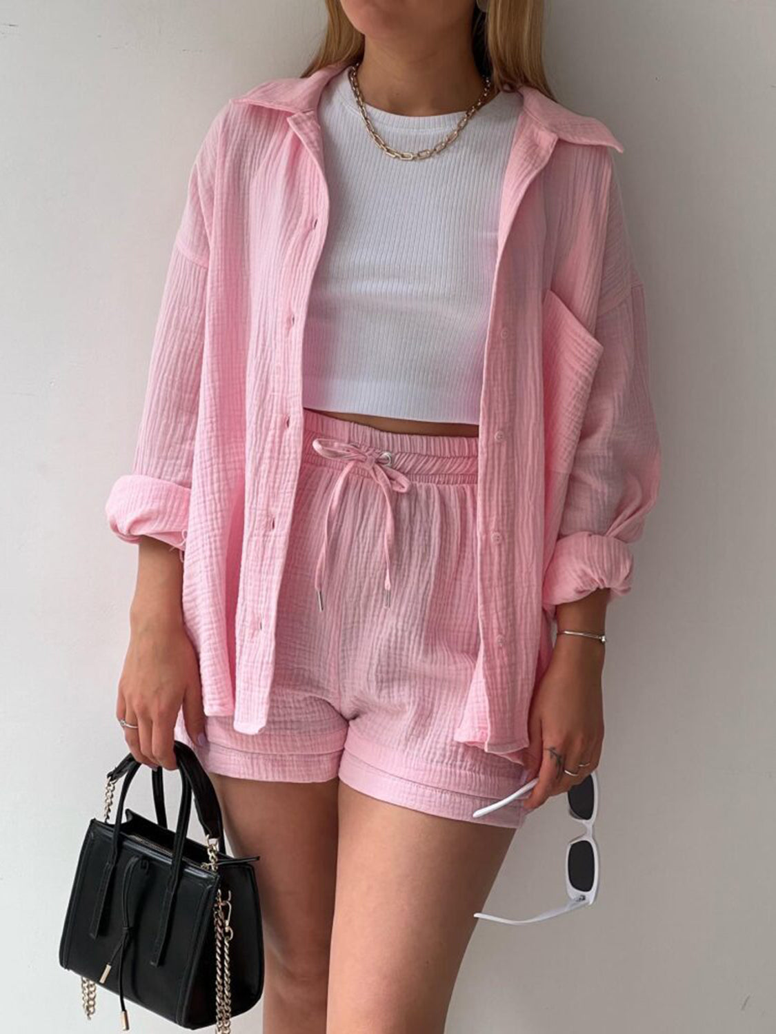 Beach Club Button Up Shirt and Drawstring Shorts Set