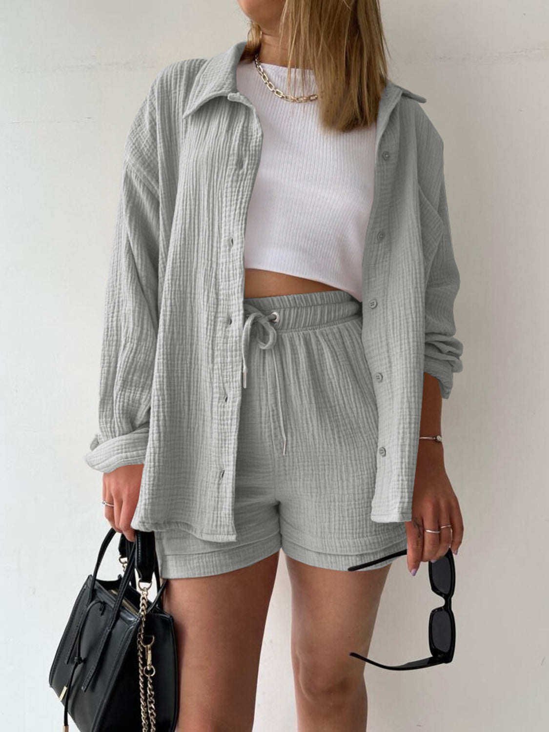 Beach Club Button Up Shirt and Drawstring Shorts Set
