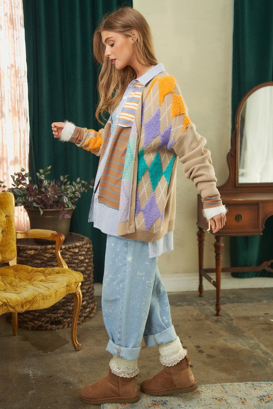 Plush Argyle Button Knit Cardigan