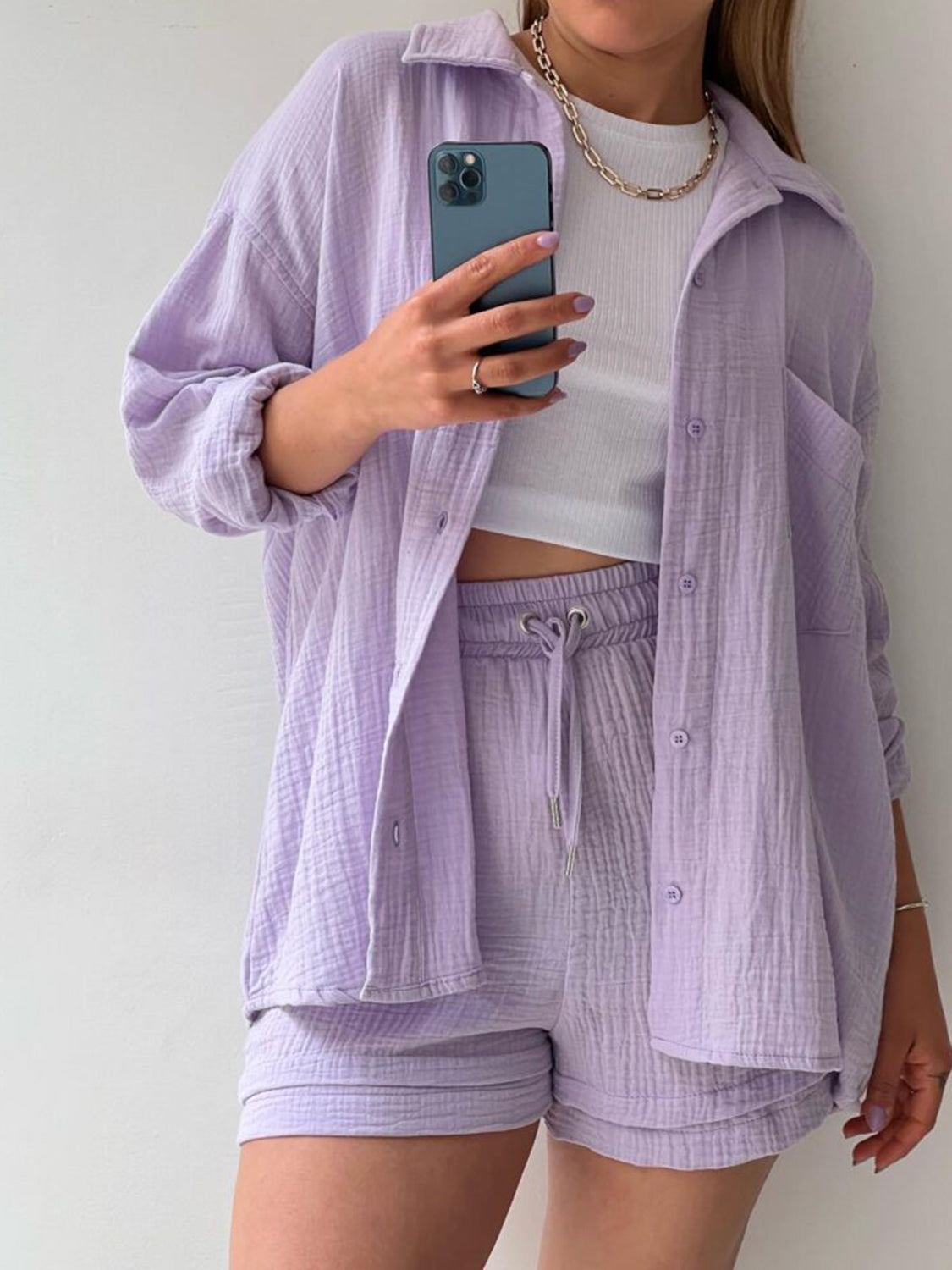 Beach Club Button Up Shirt and Drawstring Shorts Set