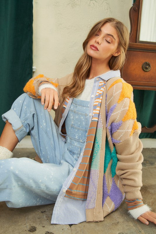 Plush Argyle Button Knit Cardigan