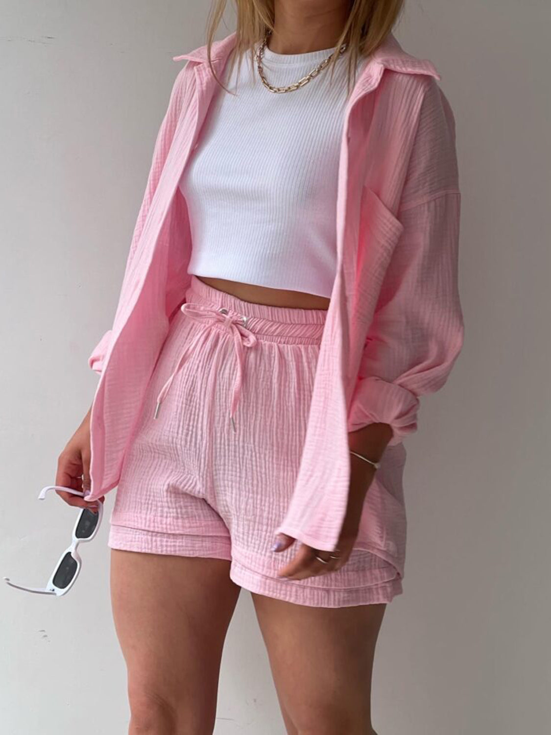 Beach Club Button Up Shirt and Drawstring Shorts Set