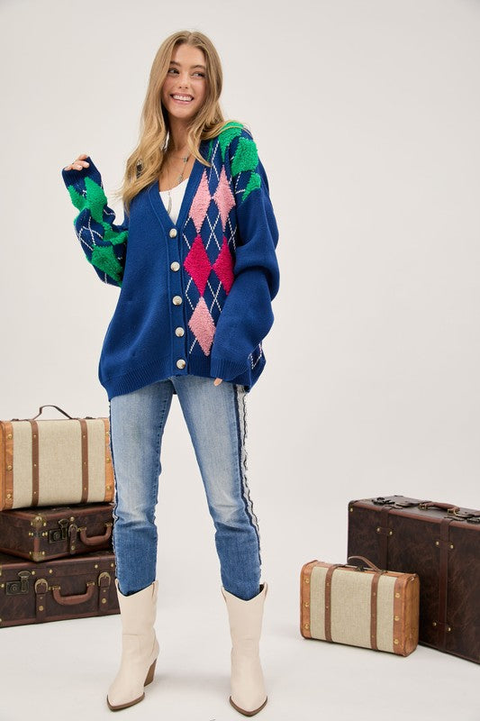 Plush Argyle Button Knit Cardigan