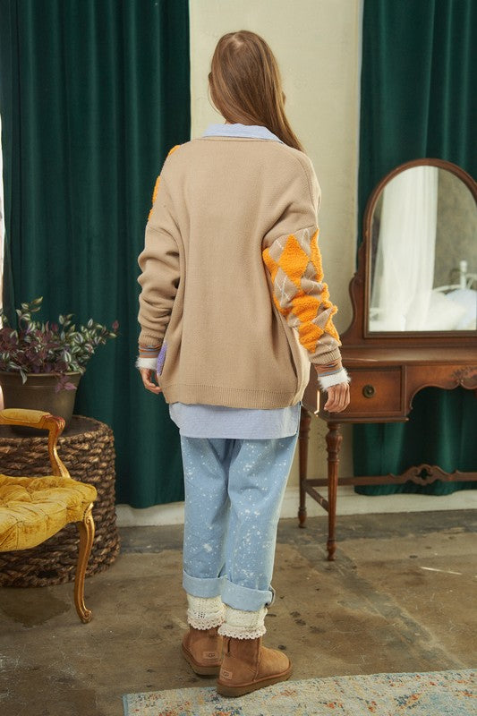Plush Argyle Button Knit Cardigan