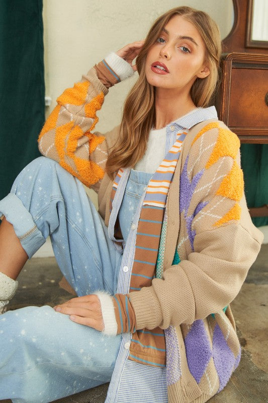 Plush Argyle Button Knit Cardigan