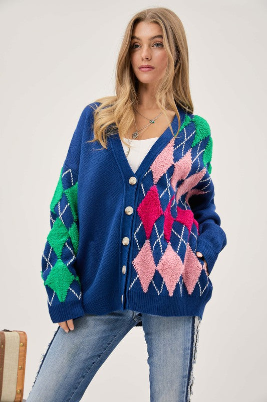 Plush Argyle Button Knit Cardigan