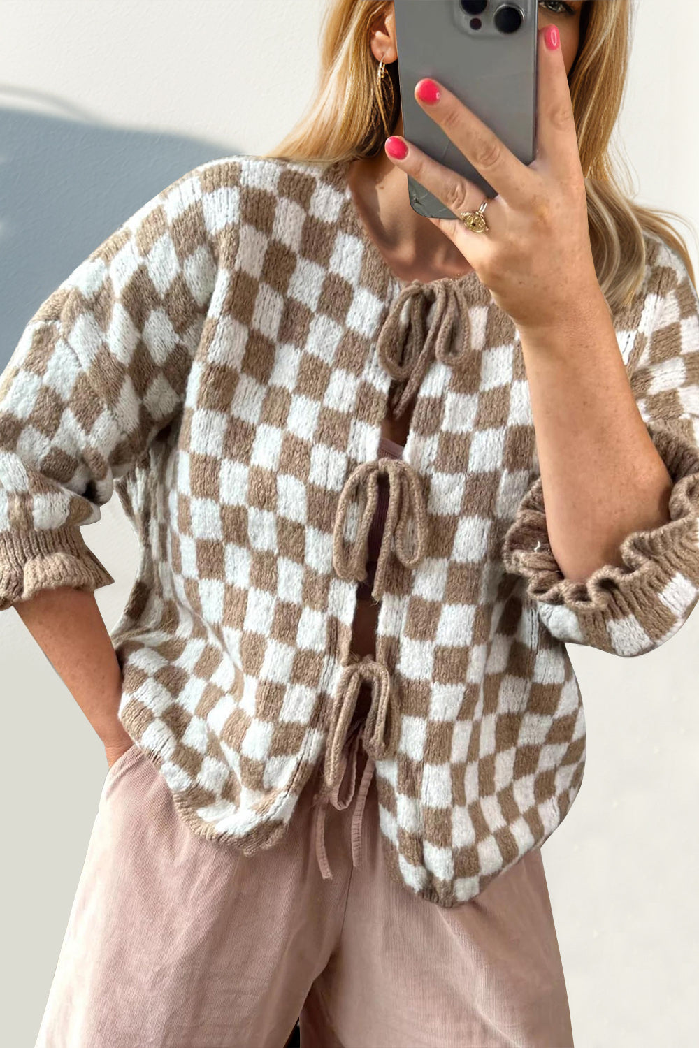 Checked Flounce Sleeve Cardigan