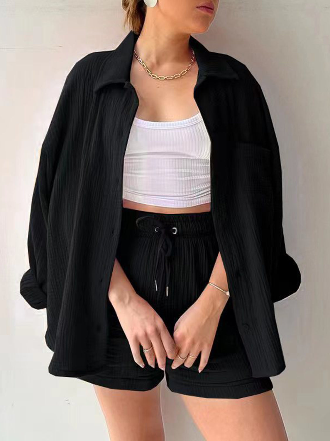 Beach Club Button Up Shirt and Drawstring Shorts Set