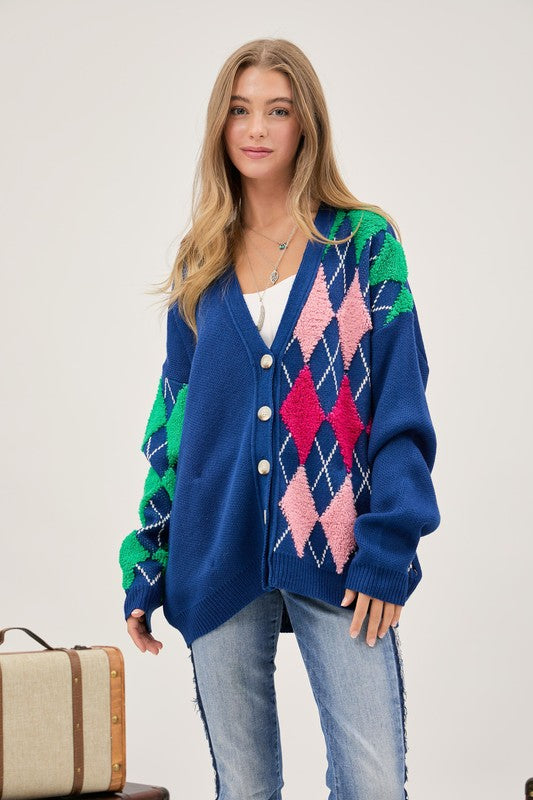 Plush Argyle Button Knit Cardigan