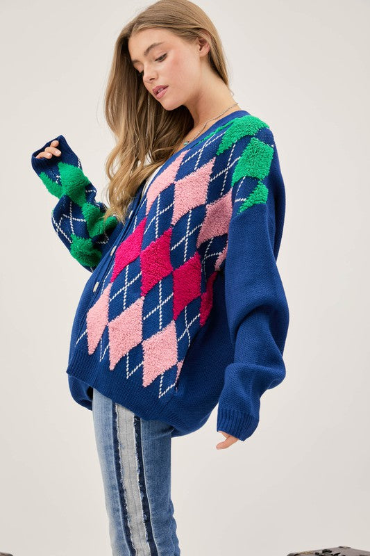 Plush Argyle Button Knit Cardigan
