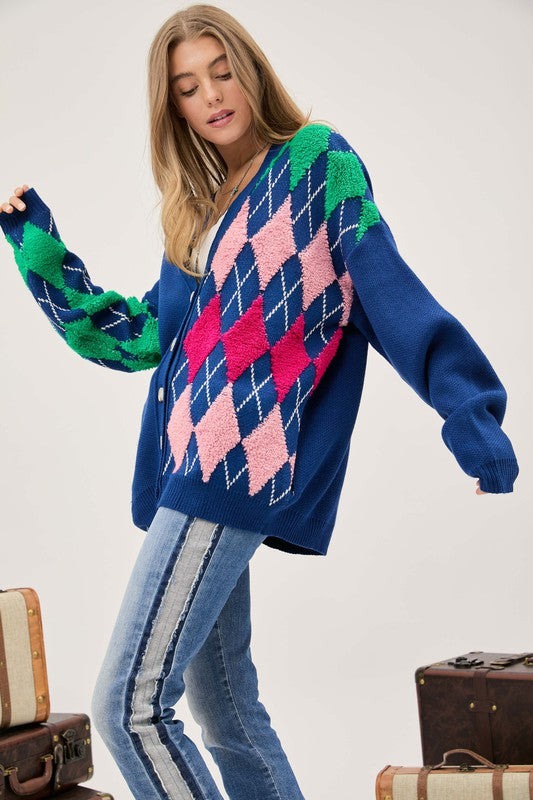 Plush Argyle Button Knit Cardigan