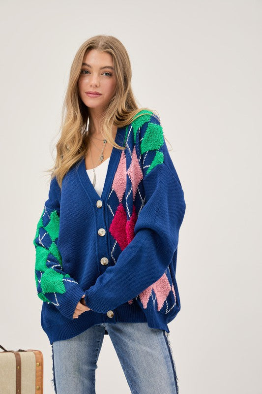 Plush Argyle Button Knit Cardigan