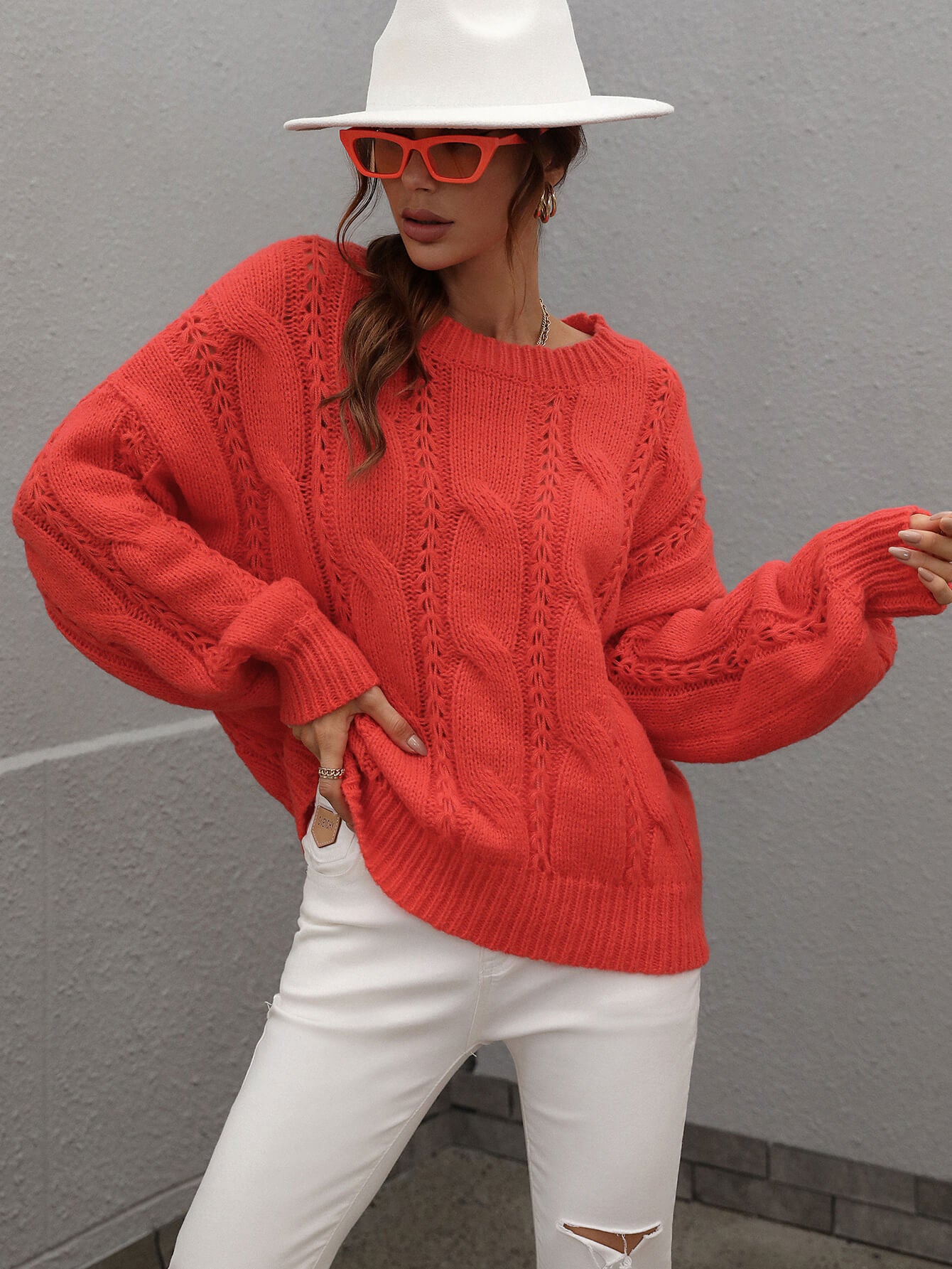 Rory Cable-Knit Openwork Round Neck Sweater