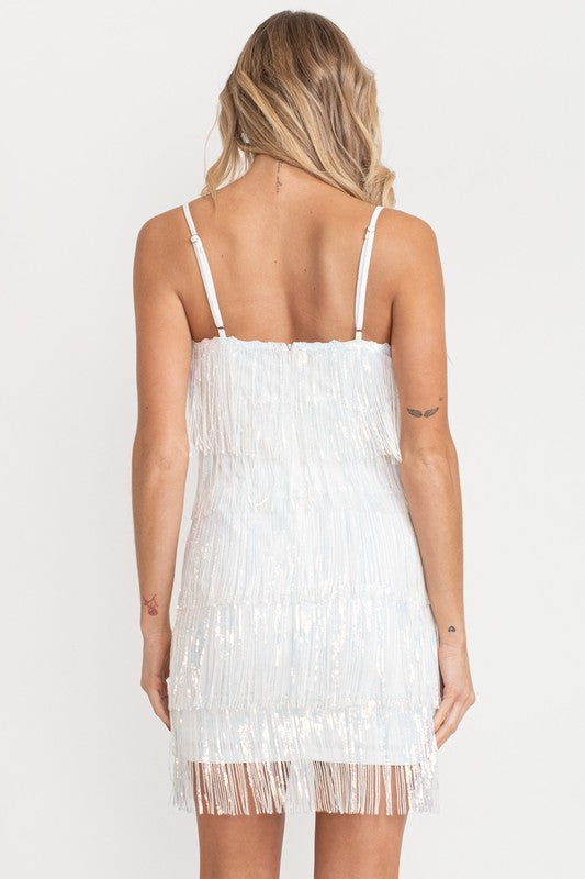 IRRIDESCENT SEQUIN FRINGE MINI DRESS