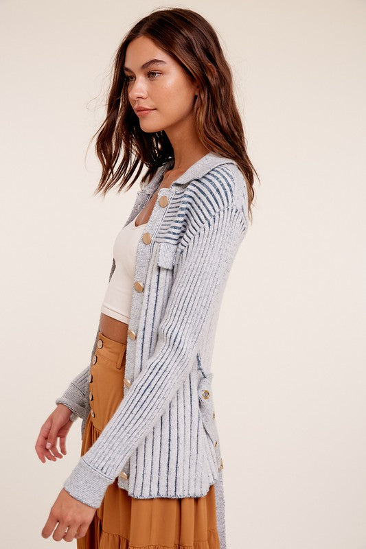 Two Tone Ribbed Cardigan Sweater
