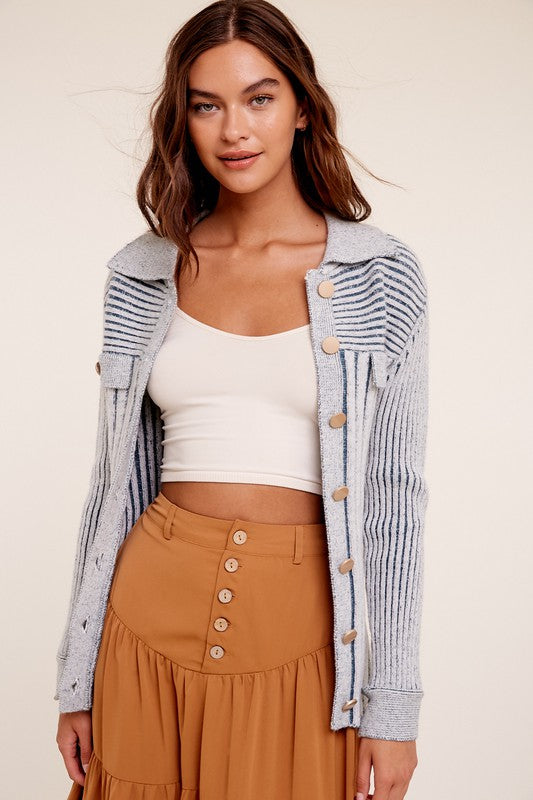 Two Tone Ribbed Cardigan Sweater