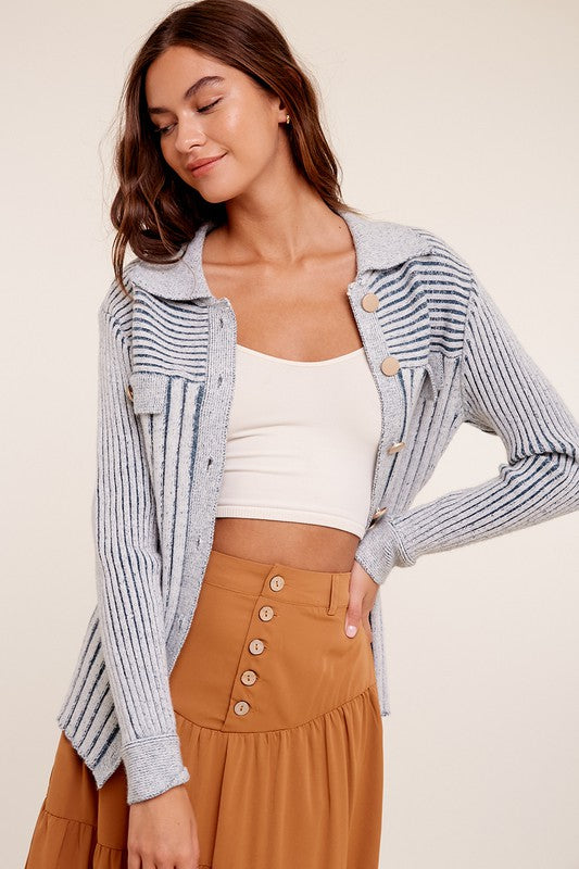 Two Tone Ribbed Cardigan Sweater