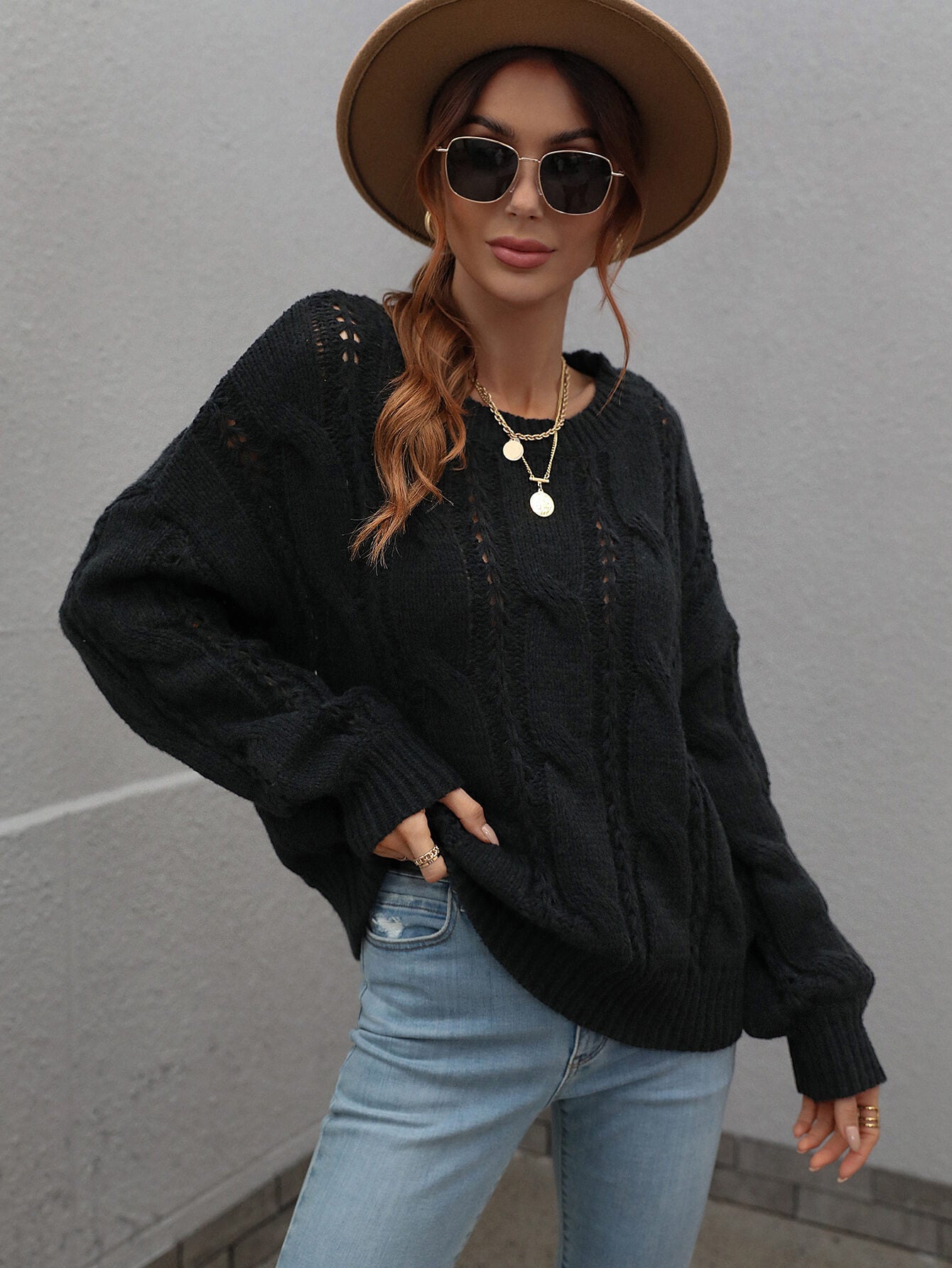 Rory Cable-Knit Openwork Round Neck Sweater