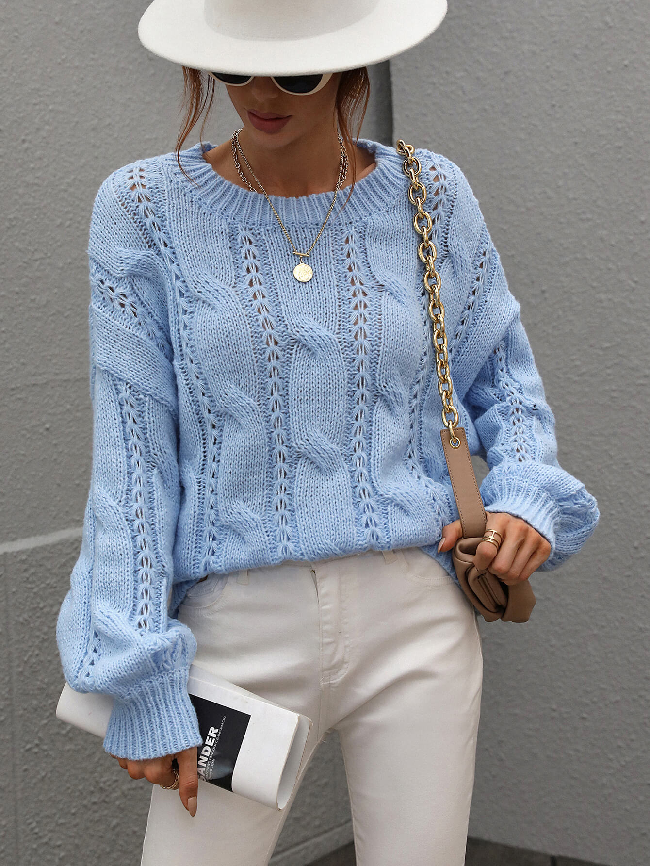 Rory Cable-Knit Openwork Round Neck Sweater