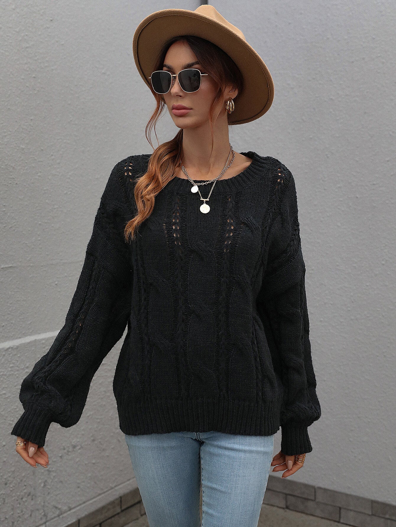 Rory Cable-Knit Openwork Round Neck Sweater
