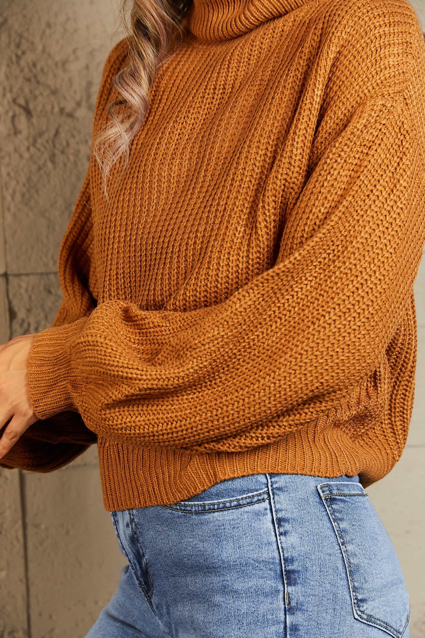 Chi Latte Turtleneck Dropped Shoulder Rib-Knit Sweater