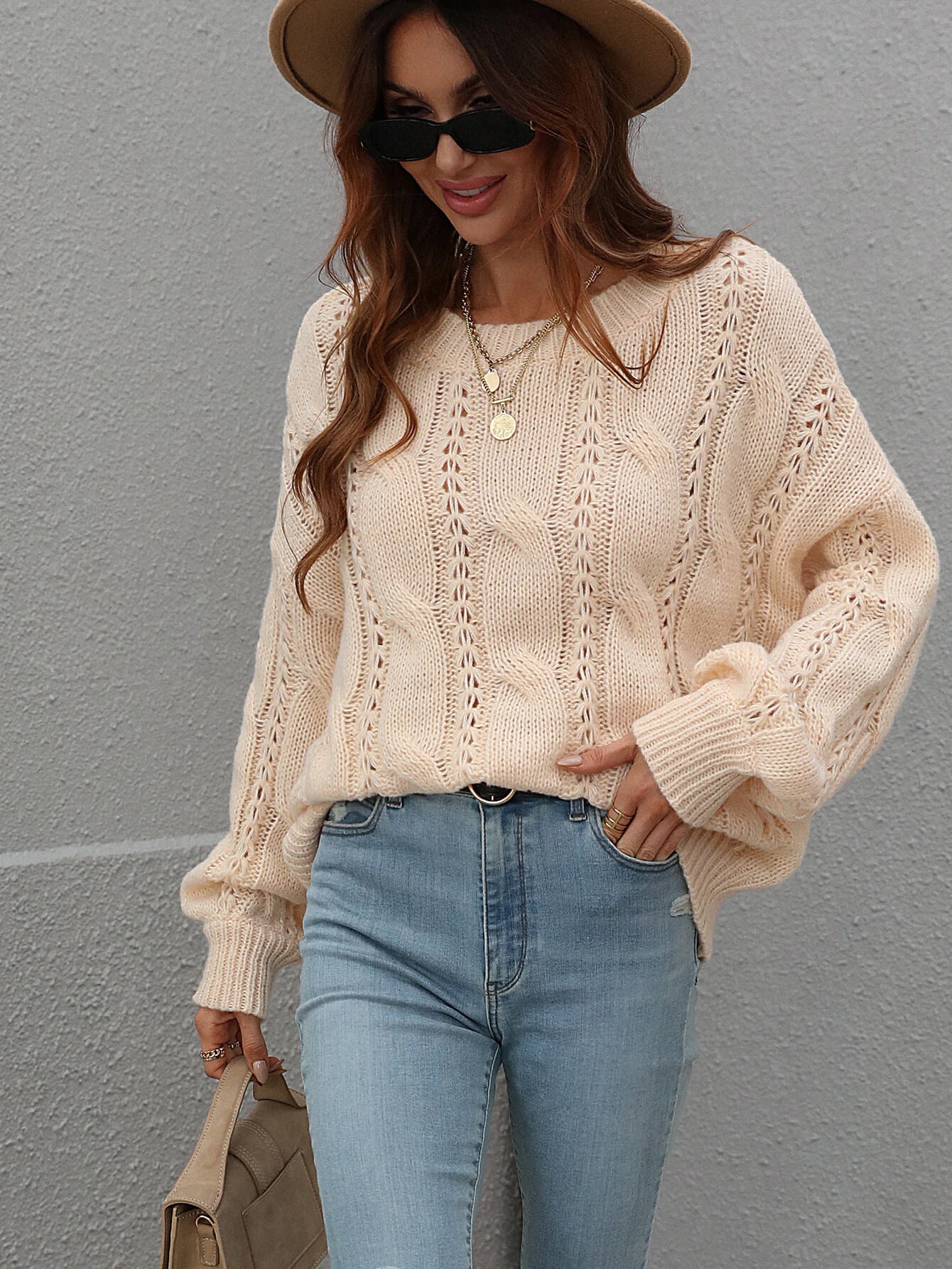 Rory Cable-Knit Openwork Round Neck Sweater