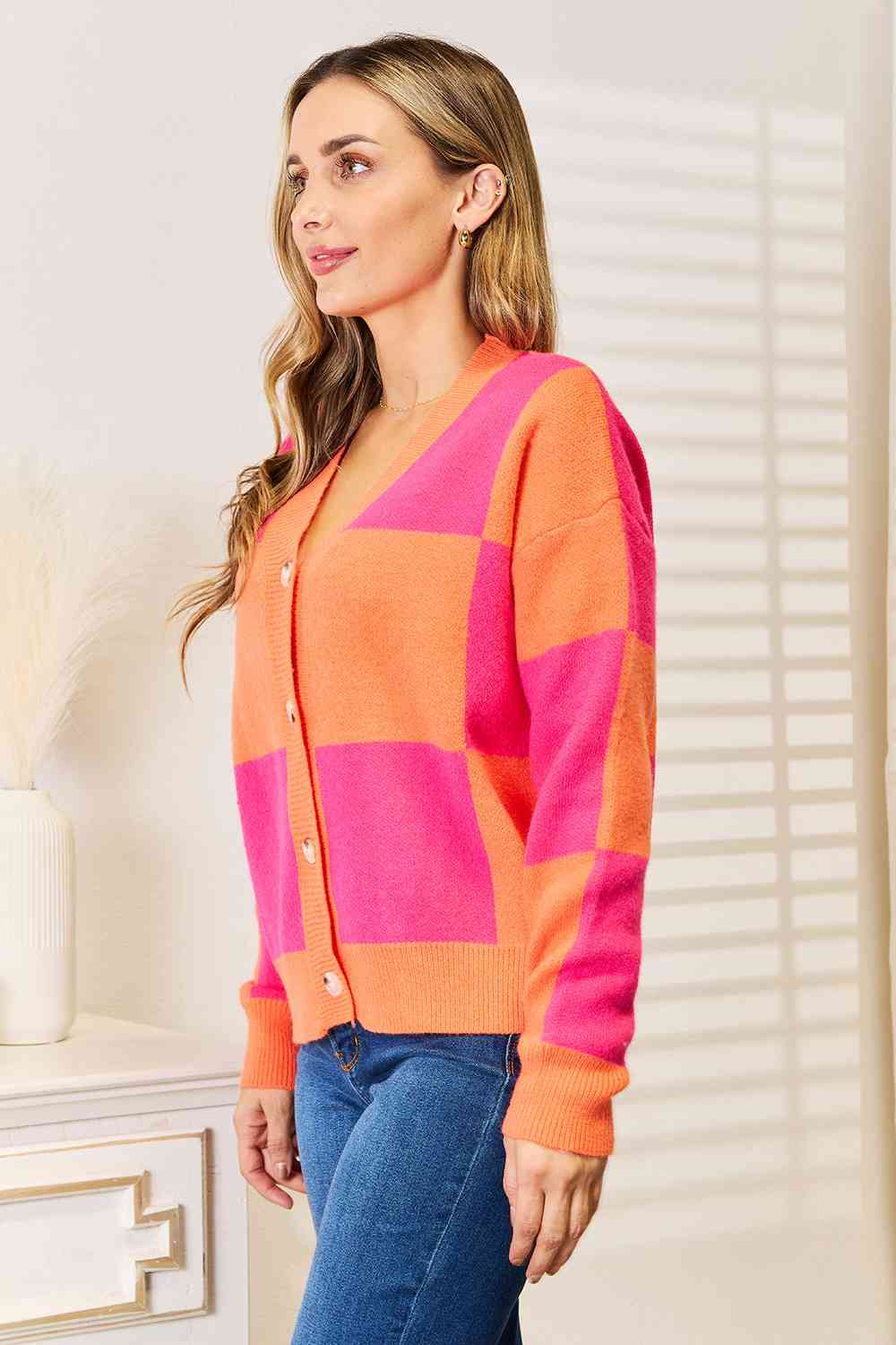 Woven Right Checkered V-Neck Cardigan