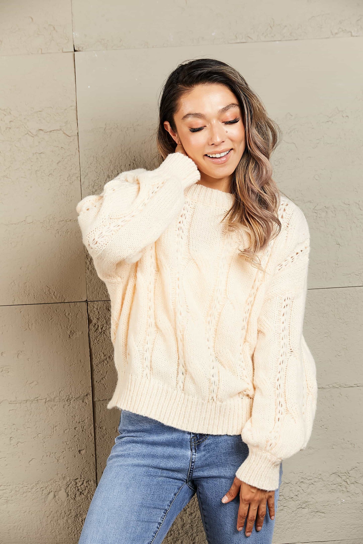 Rory Cable-Knit Openwork Round Neck Sweater