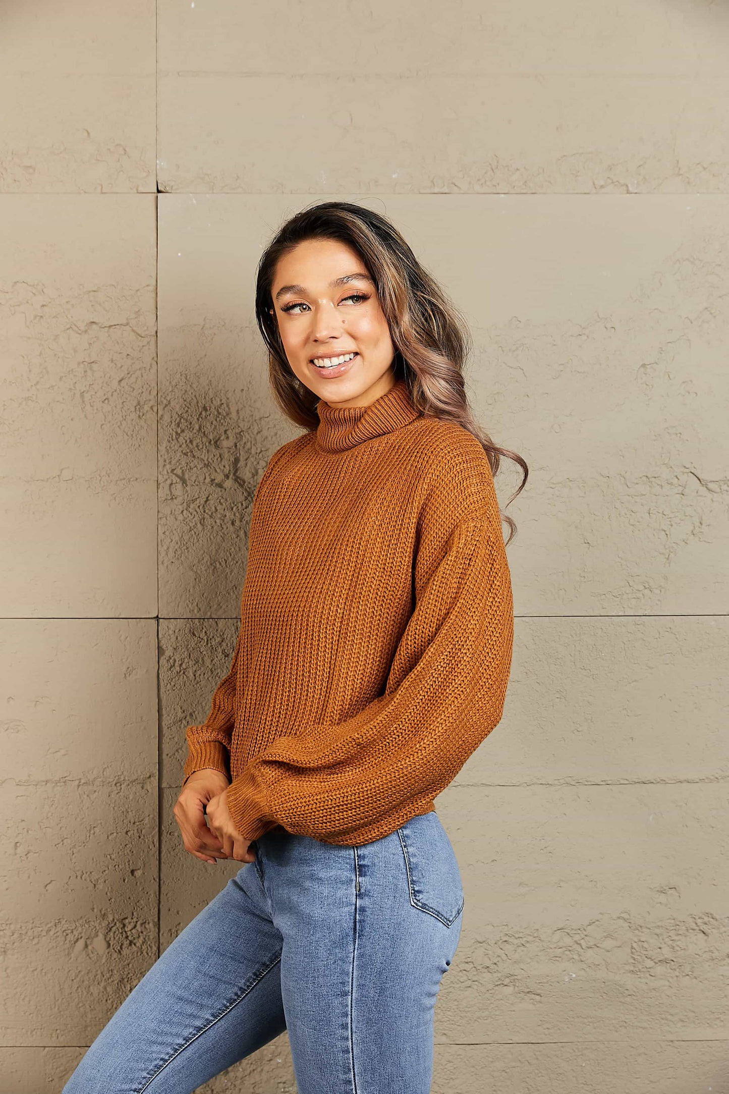 Chi Latte Turtleneck Dropped Shoulder Rib-Knit Sweater