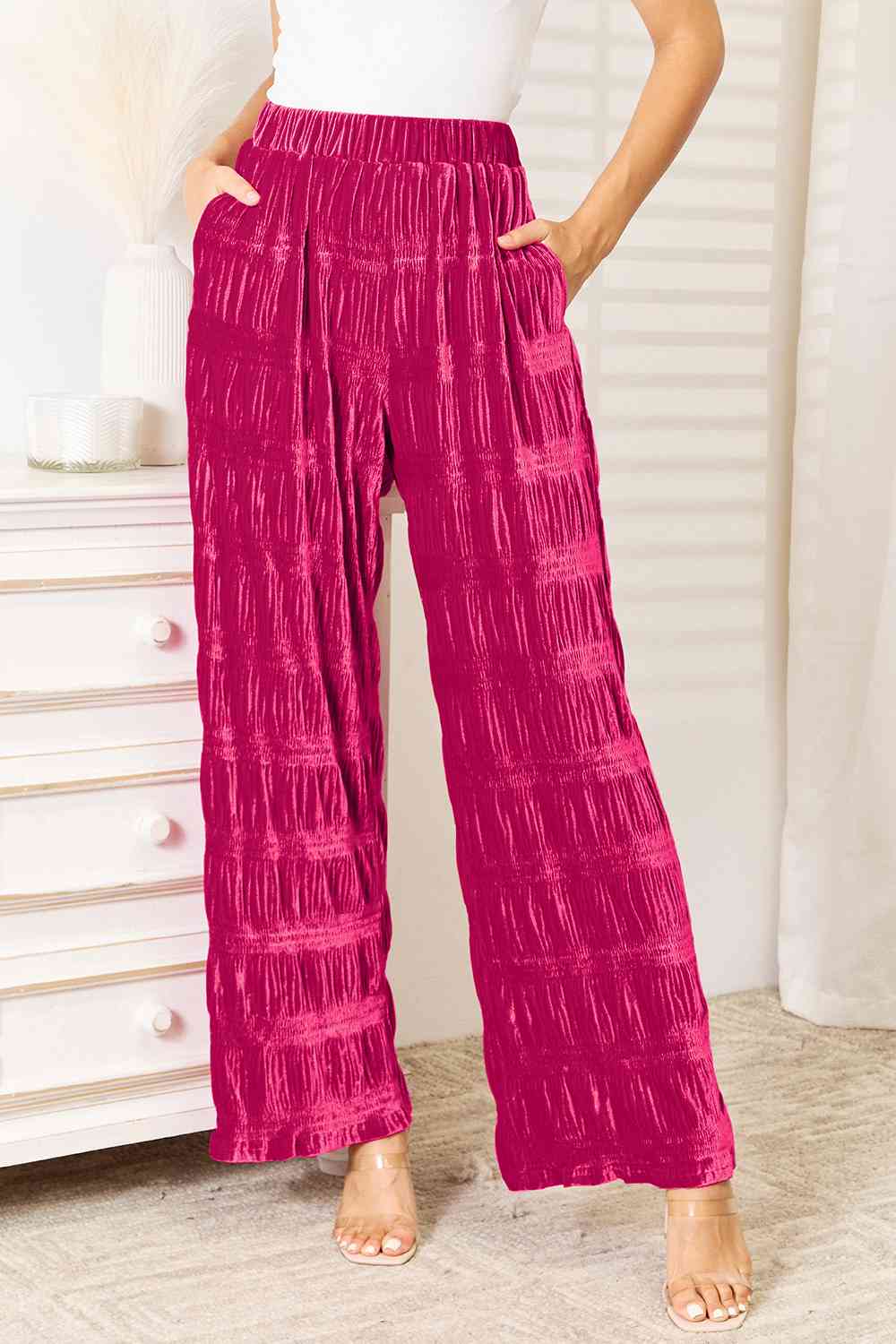 Shirring Velvet Wide Leg Pants