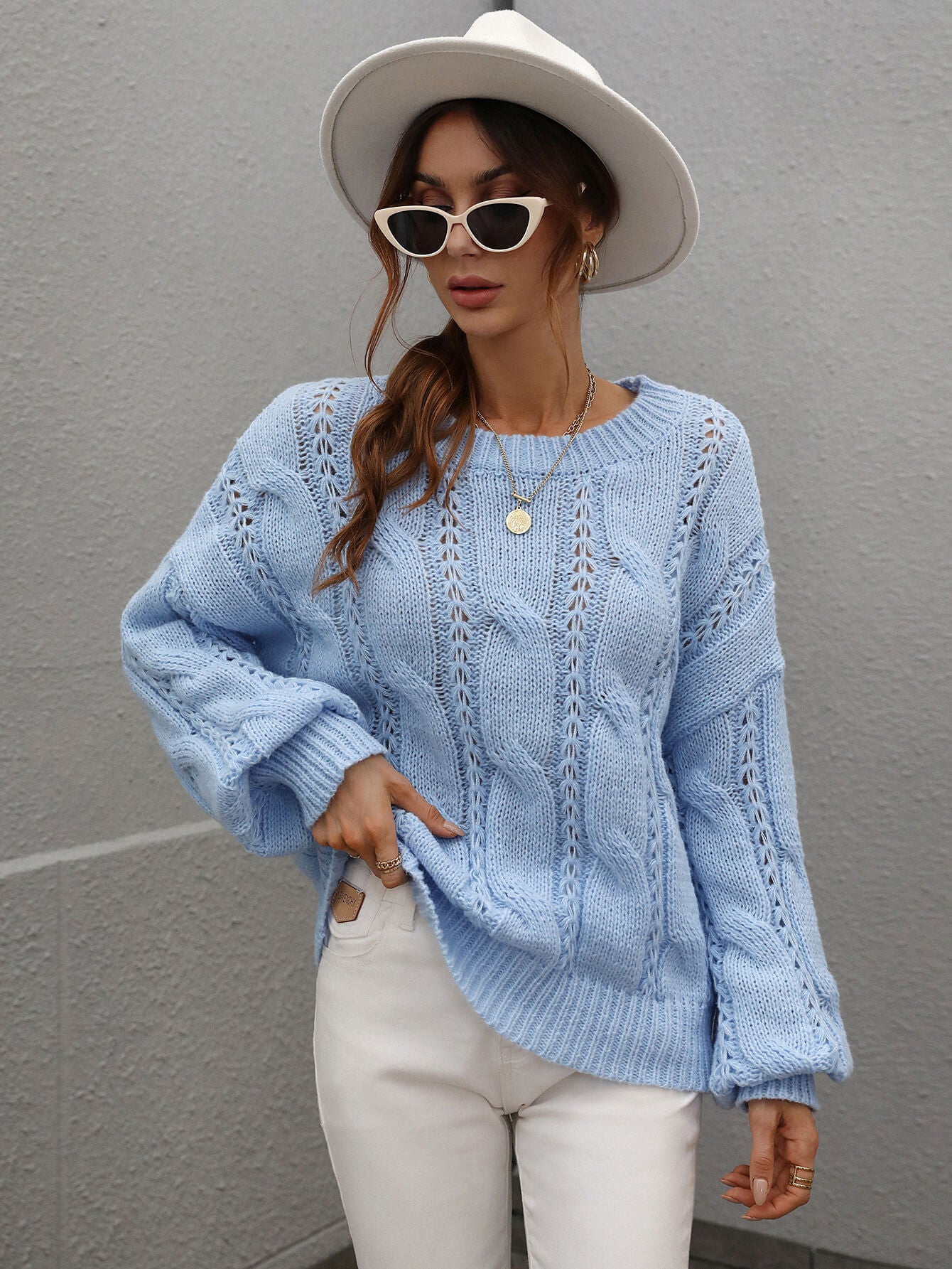 Rory Cable-Knit Openwork Round Neck Sweater