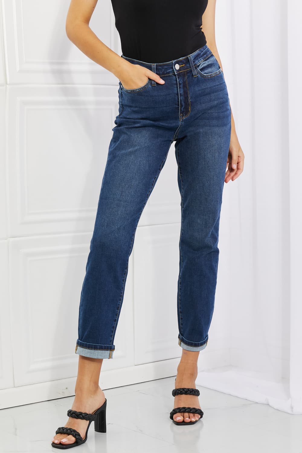 Judy Blue Crystal High Waisted Cuffed Boyfriend Jeans