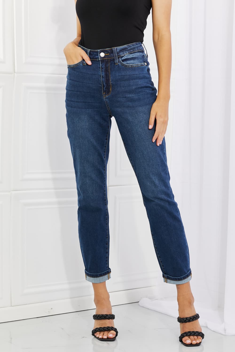 Judy Blue Crystal High Waisted Cuffed Boyfriend Jeans