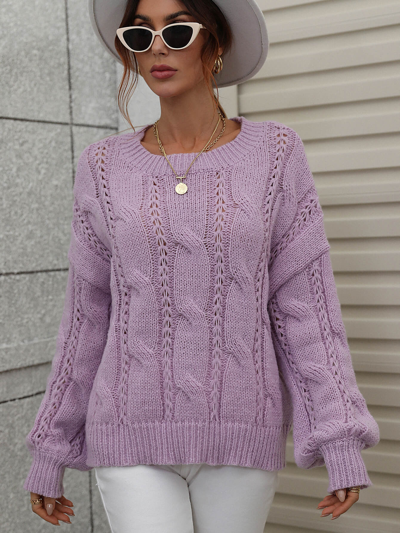 Rory Cable-Knit Openwork Round Neck Sweater