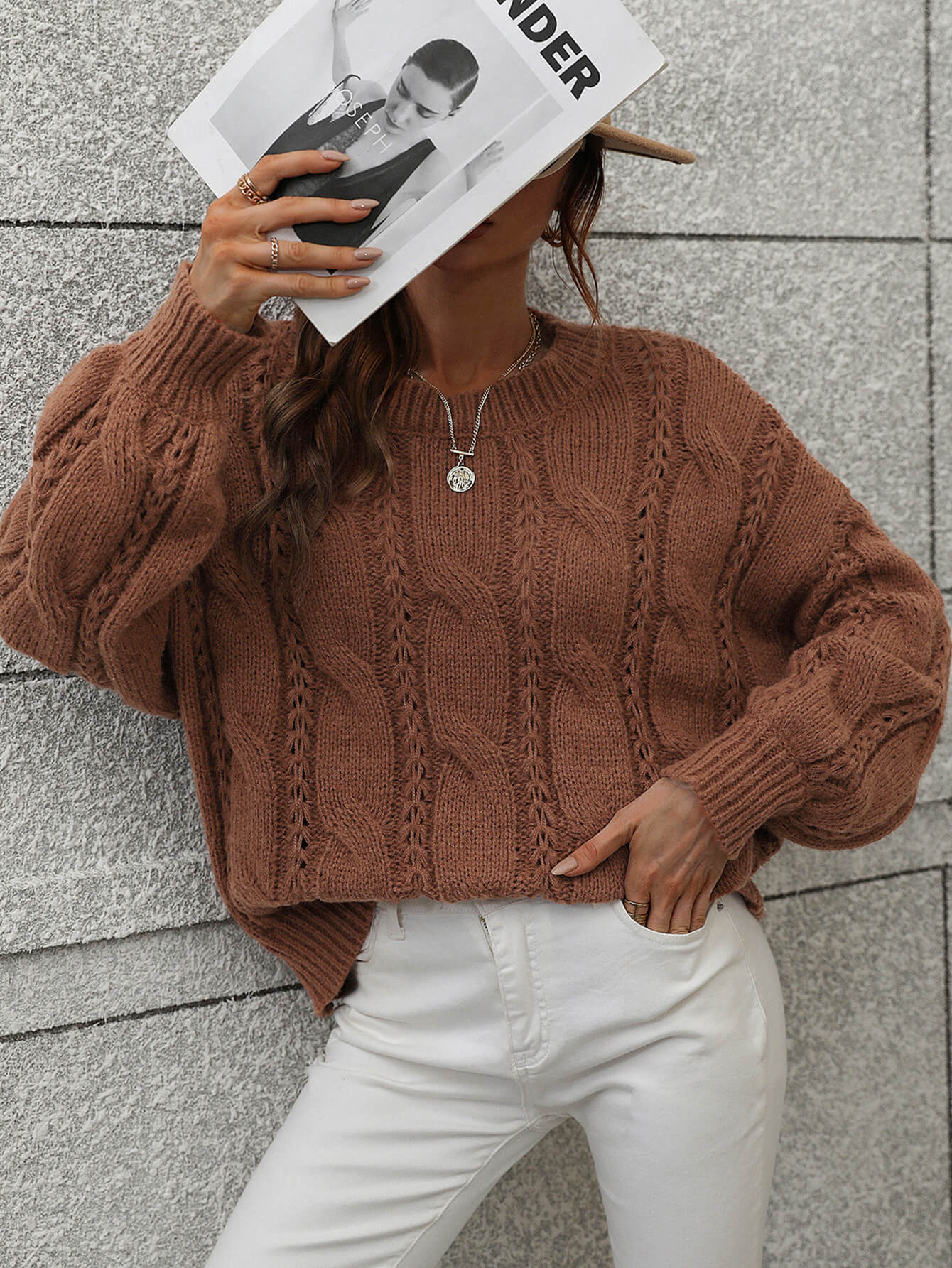 Rory Cable-Knit Openwork Round Neck Sweater