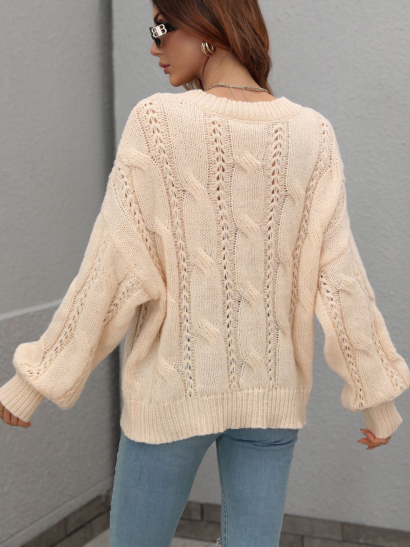 Rory Cable-Knit Openwork Round Neck Sweater