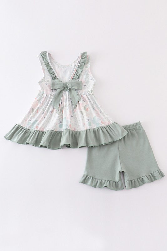 Green floral print pocket ruffle girl set