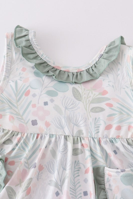 Green floral print pocket ruffle girl set