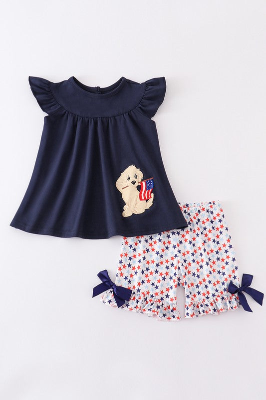 Navy patriotic dog applique girl set