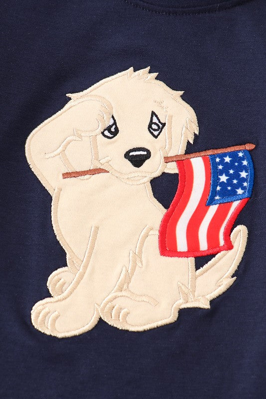 Navy patriotic dog applique boy top