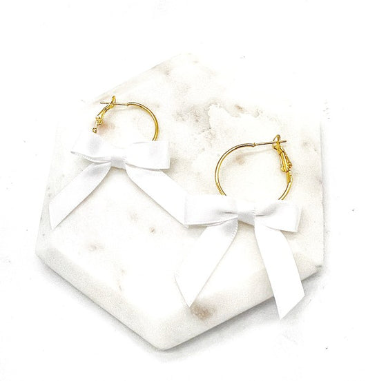 White Ribbon Bow Hoop Earrings Holiday